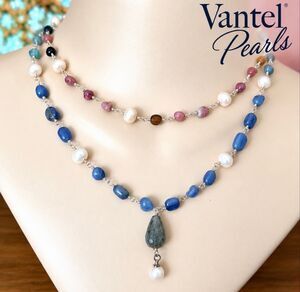 Vantel Pearls Blue Kyanite Multicolor Gemstone Pearl Necklace 925 Clasp